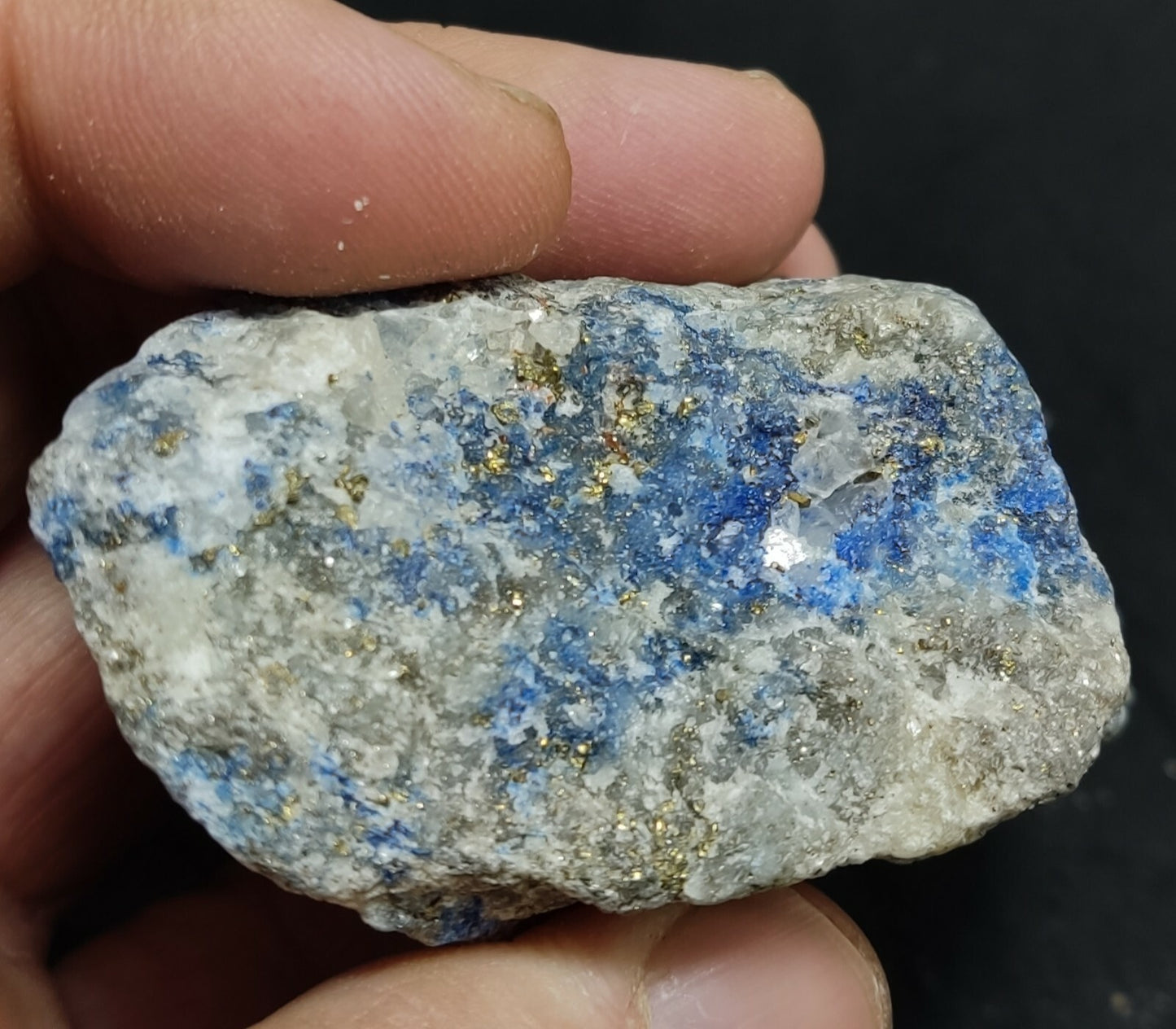 Amazing specimen of fluorescent sodalite-Lazurite on matrix with pyrite 119 gram