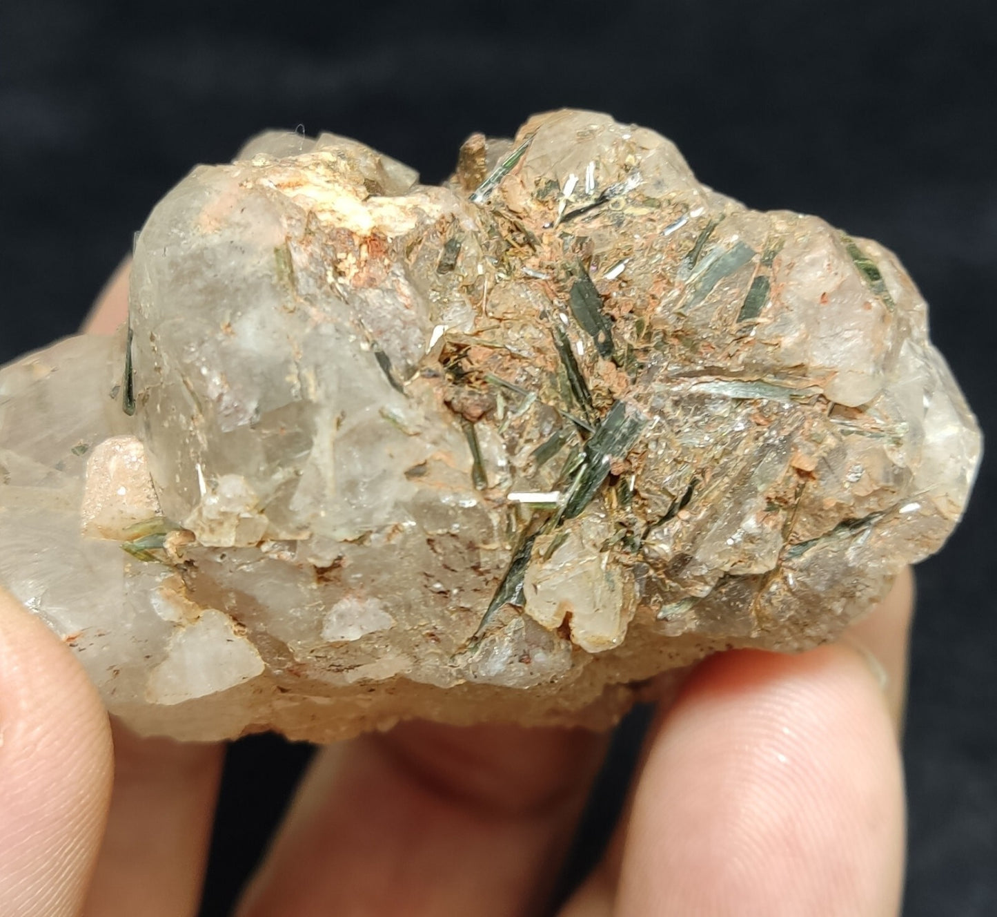 An Aesthetic terminated Quartz floater with aegirine inclusions 98 grams