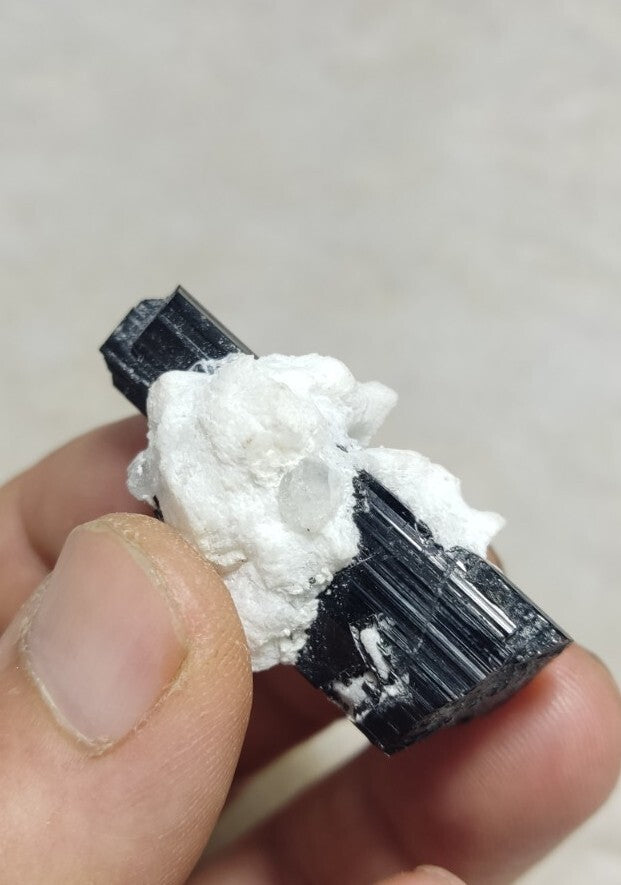 Double Terminated Black Tourmaline Crystal with Albite Feldspar 24 grams