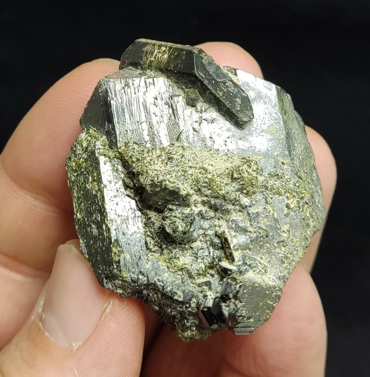 An aesthetic specimen of dark green color Epidote crystals 79 grams