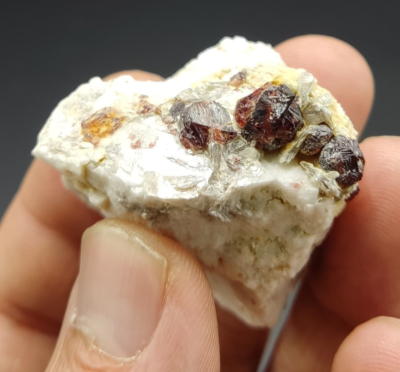 An aesthetic specimen of spessartine garnets on albite/feldspar 45 grams