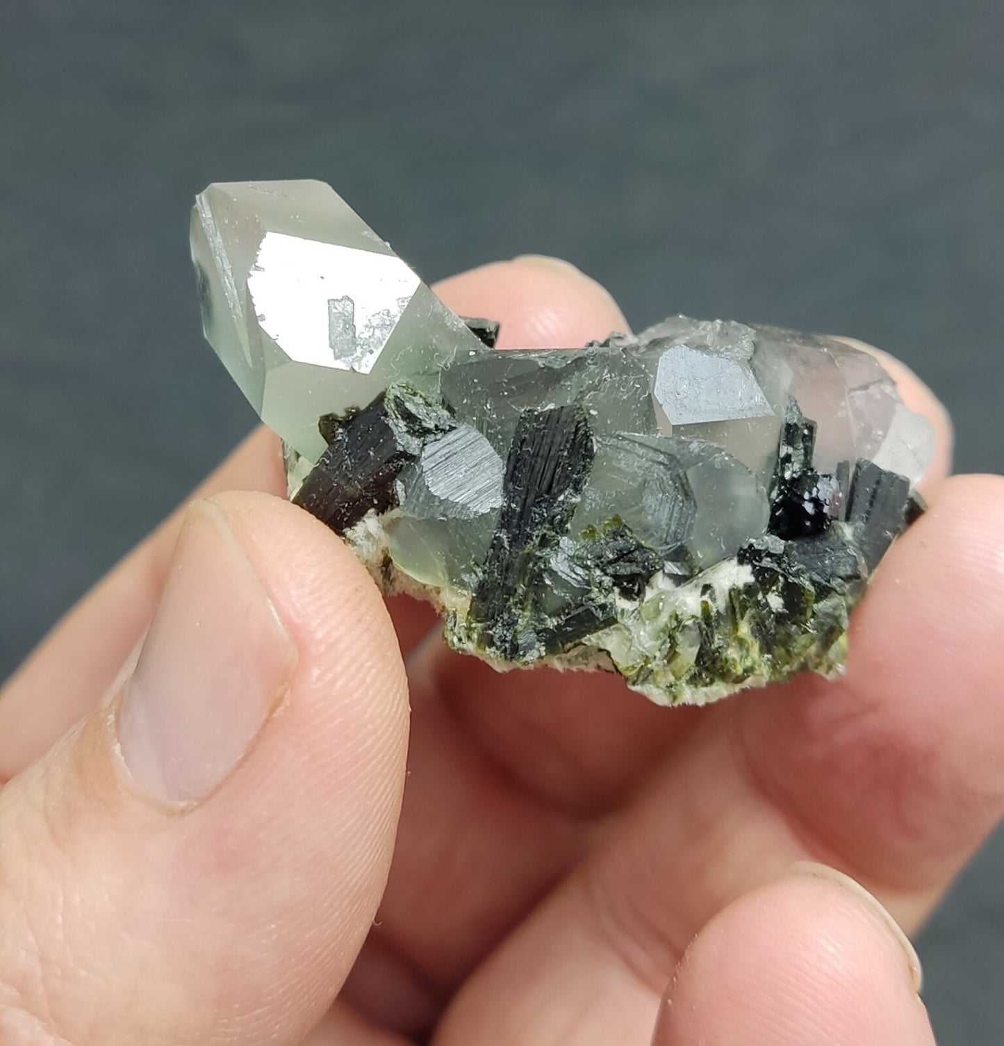 An aesthetic specimen of Epidote quartz cluster 36 grams