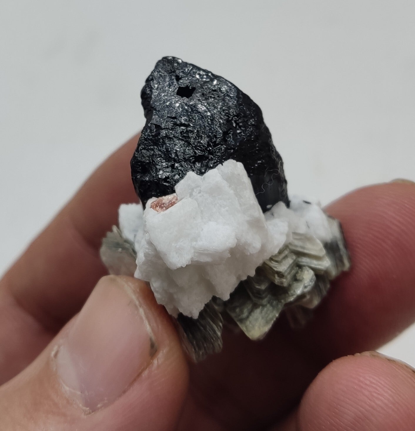 An Aesthetic specimen of muscovite with Tourmaline and albite 26 grams