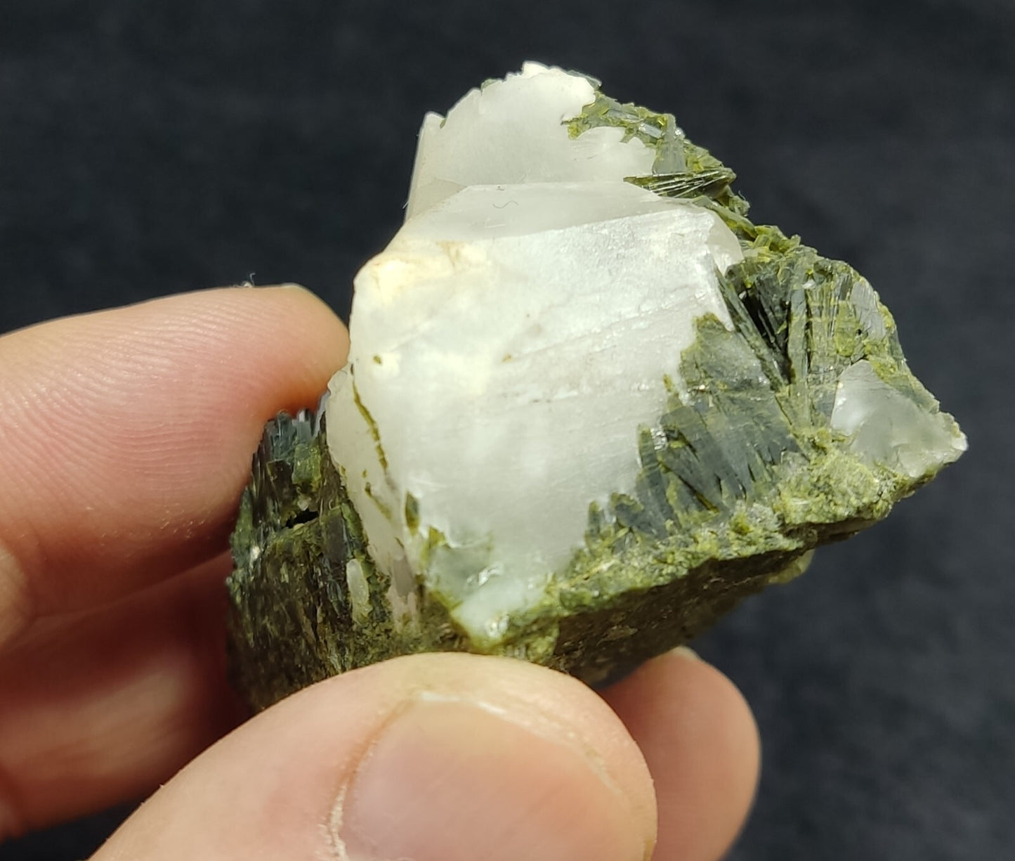 An aesthetic specimen of Epidote quartz cluster 73 grams