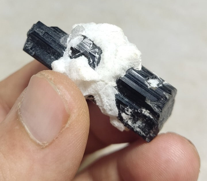 Double Terminated Black Tourmaline Crystal with Albite Feldspar 24 grams