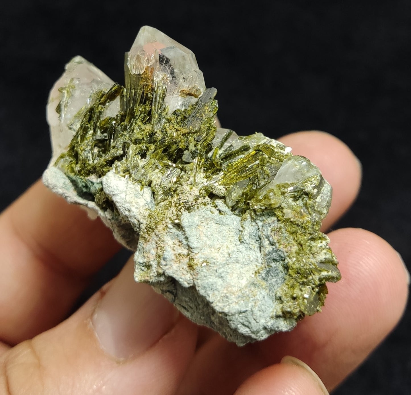 An aesthetic specimen of Epidote quartz cluster 54 grams