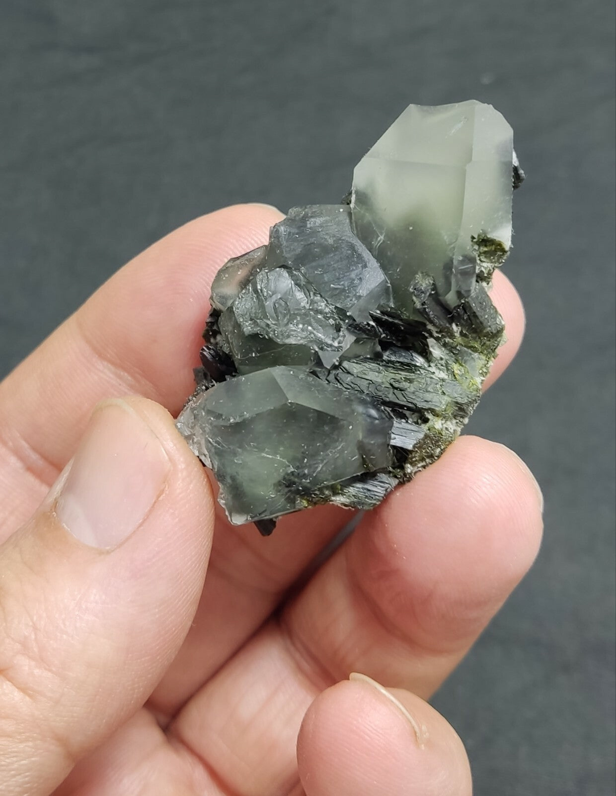 An aesthetic specimen of Epidote quartz cluster 36 grams