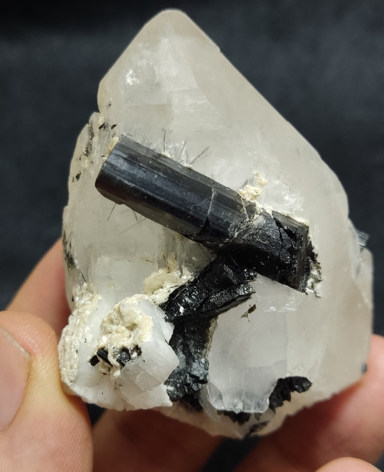 Natural quartz crystal with black tourmaline 129 grams