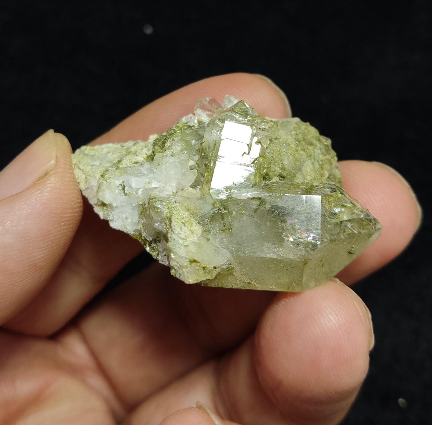 An aesthetic specimen of Epidote quartz cluster 27 grams