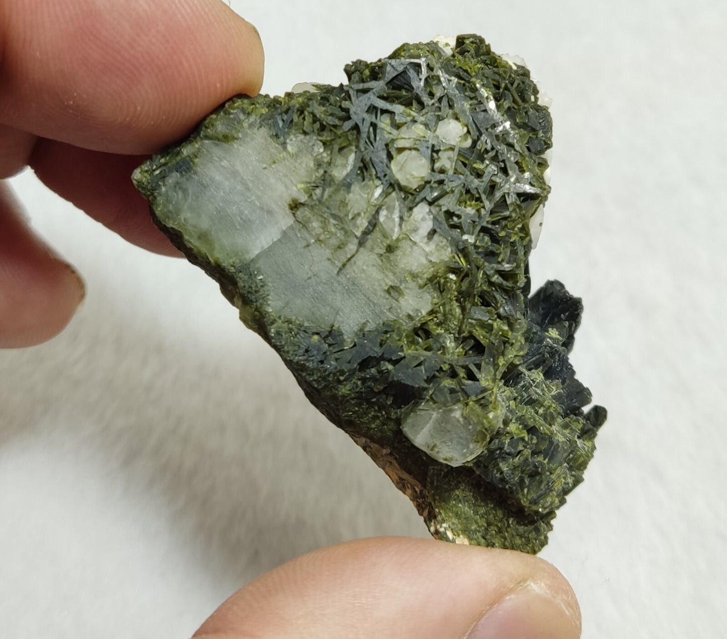 An aesthetic specimen of Epidote quartz cluster 73 grams