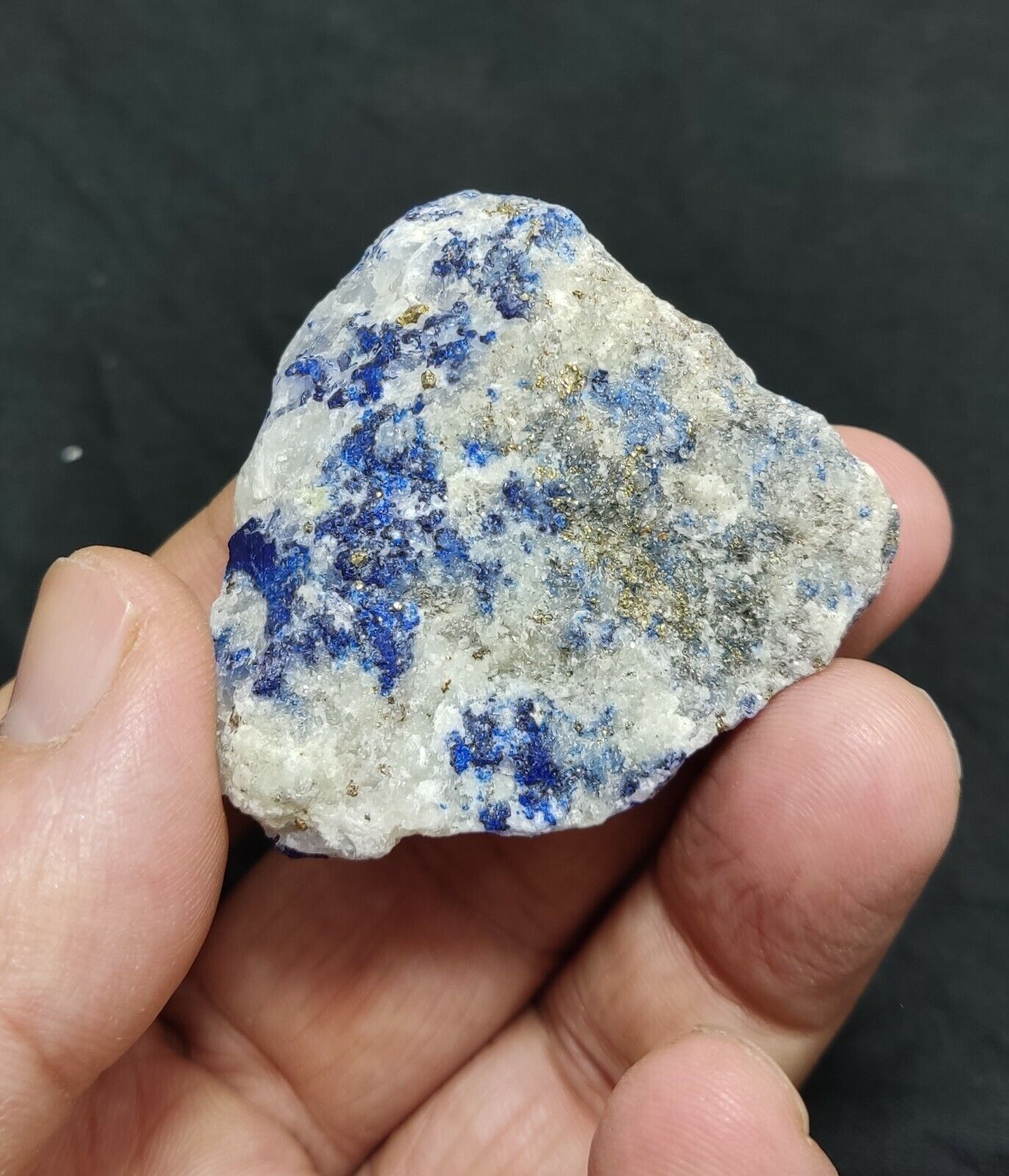 Amazing specimen of fluorescent Lazurite with pyrite on matrix 55 grams