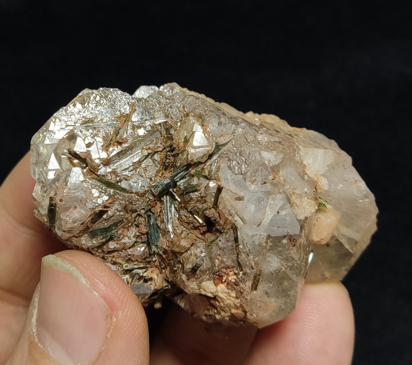 An Aesthetic terminated Quartz floater with aegirine inclusions 98 grams