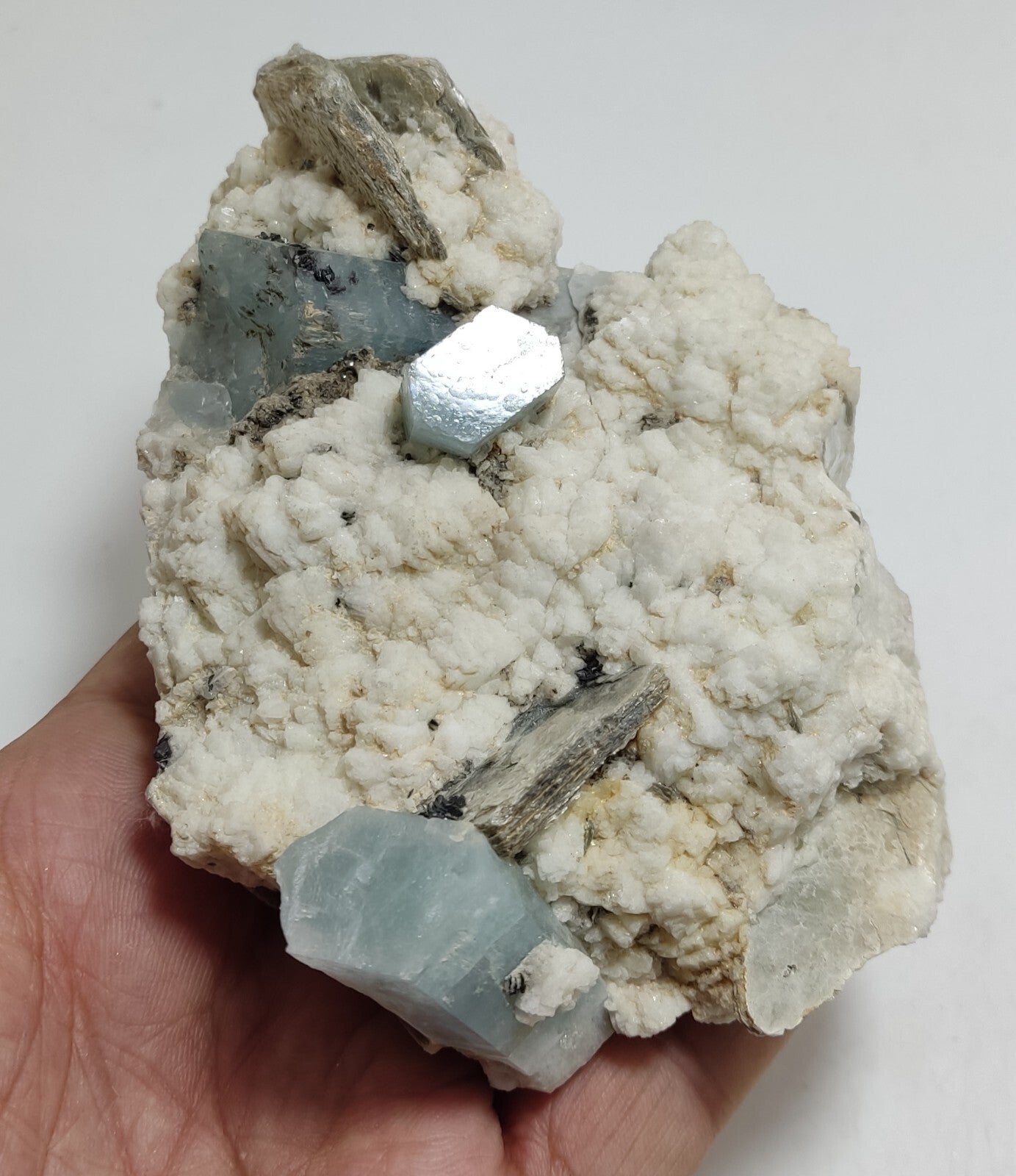 An aesthetic Specimen of Afghanistan Aquamarine with mica and Schorl 525 grams