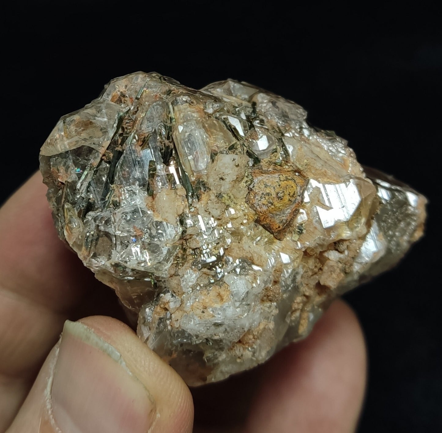 An Aesthetic terminated Quartz floater with aegirine inclusions 98 grams