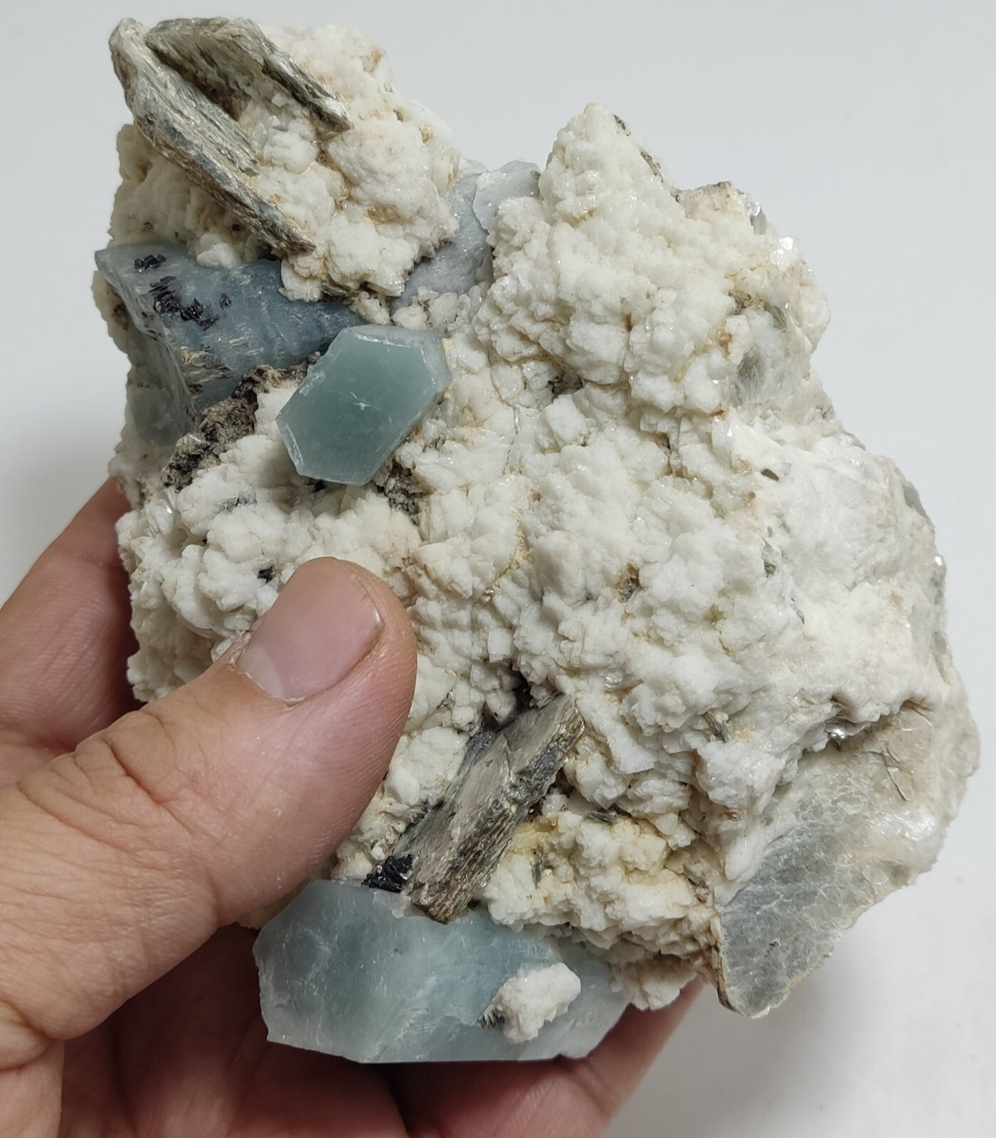 An aesthetic Specimen of Afghanistan Aquamarine with mica and Schorl 525 grams