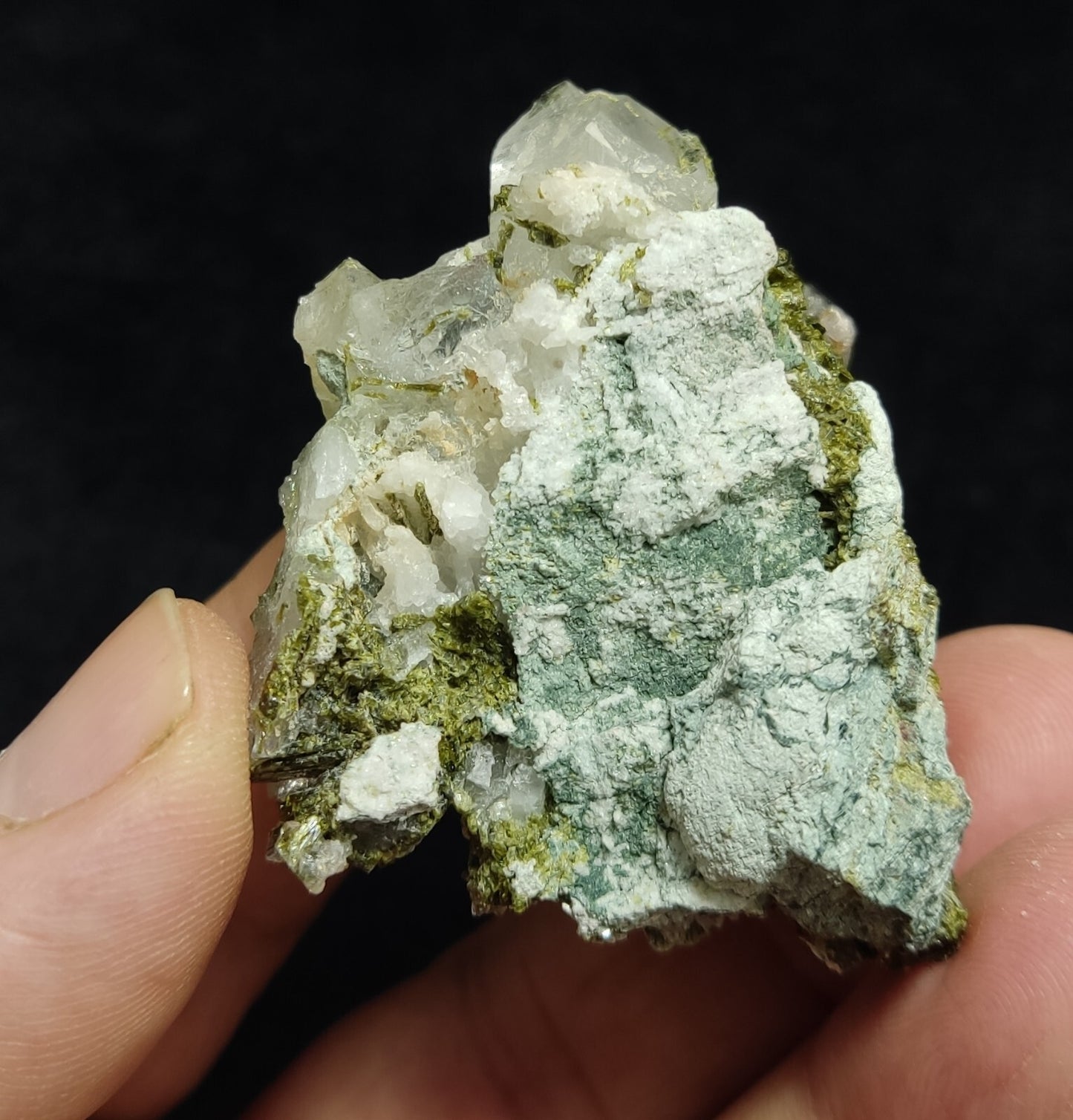 An aesthetic specimen of Epidote quartz cluster 54 grams