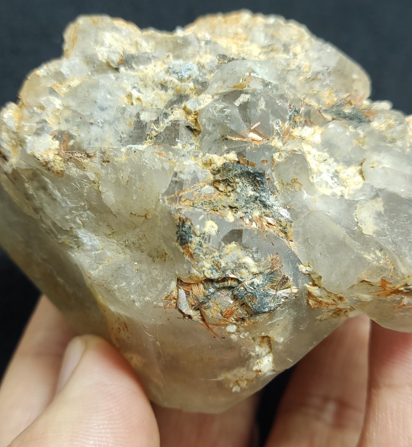 An Aesthetic terminated Quartz floater with rutiles and hematite 399 grams