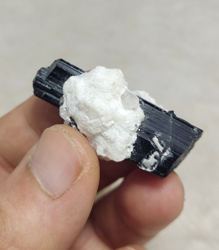 Double Terminated Black Tourmaline Crystal with Albite Feldspar 24 grams