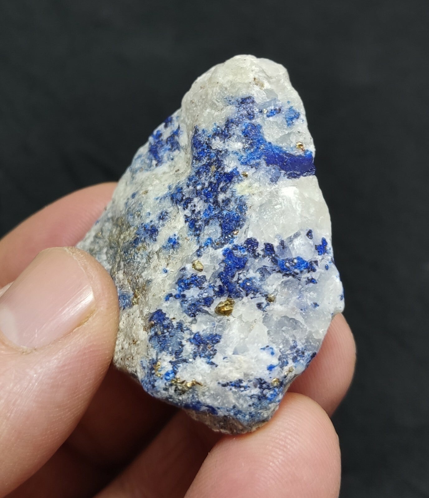 Amazing specimen of fluorescent Lazurite with pyrite on matrix 55 grams