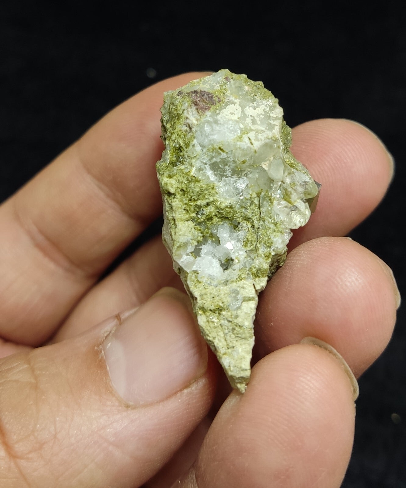 An aesthetic specimen of Epidote quartz cluster 27 grams