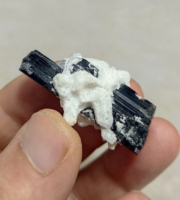 Double Terminated Black Tourmaline Crystal with Albite Feldspar 24 grams