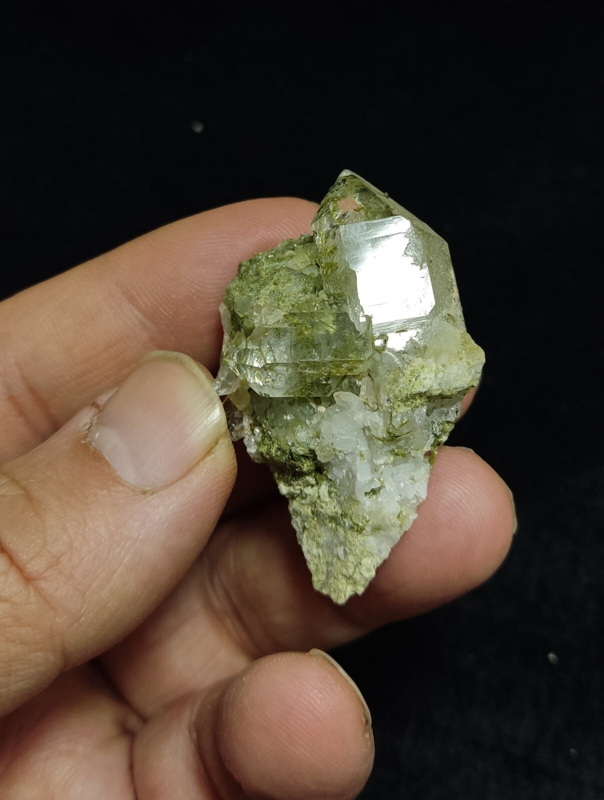 An aesthetic specimen of Epidote quartz cluster 27 grams