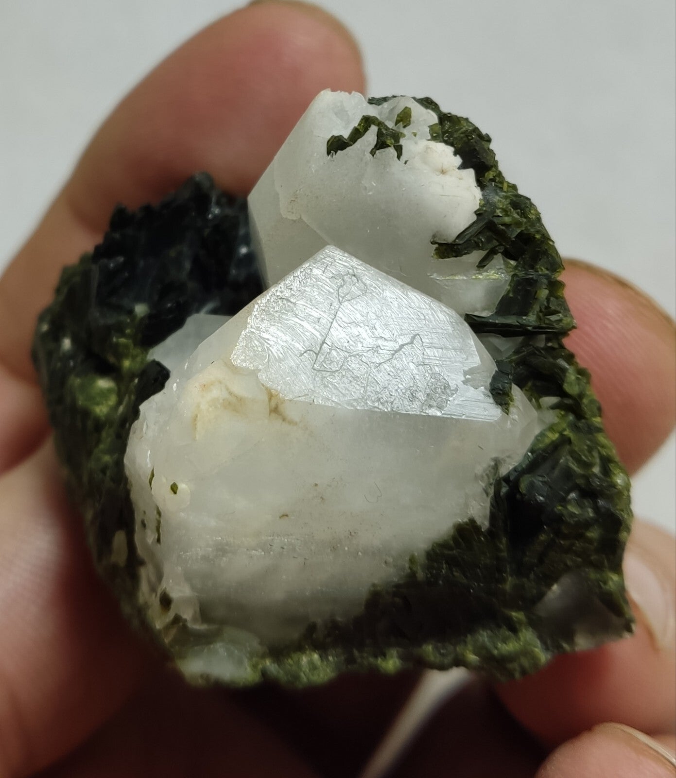An aesthetic specimen of Epidote quartz cluster 73 grams