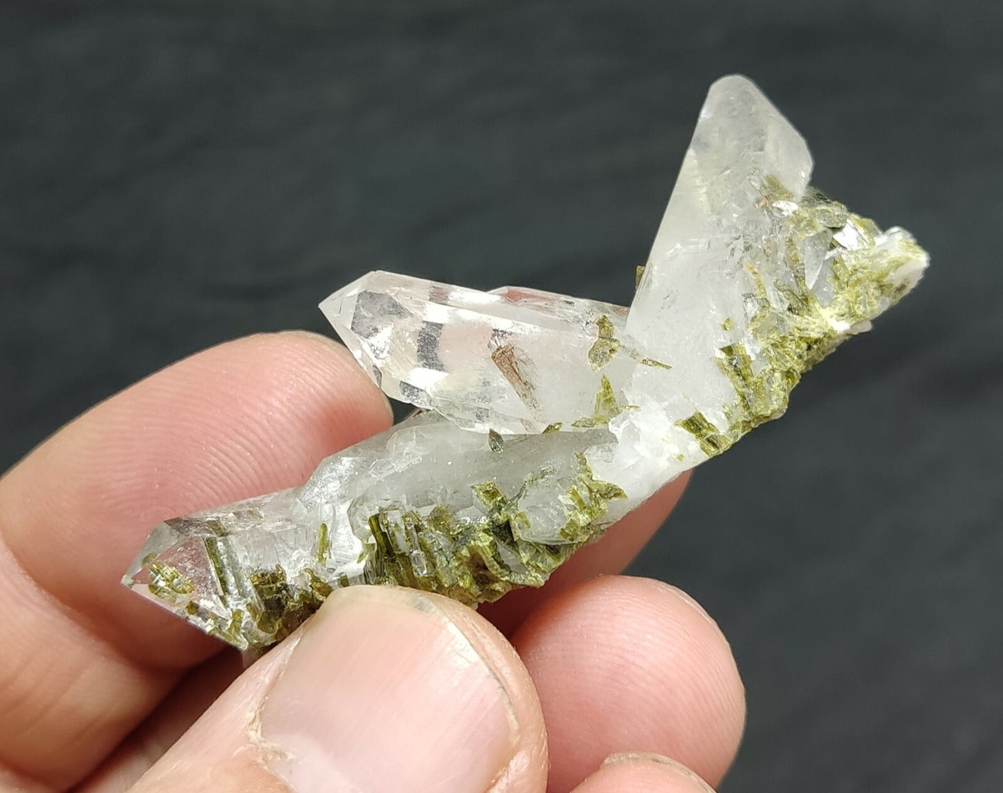 An aesthetic specimen of Epidote quartz cluster 19 grams