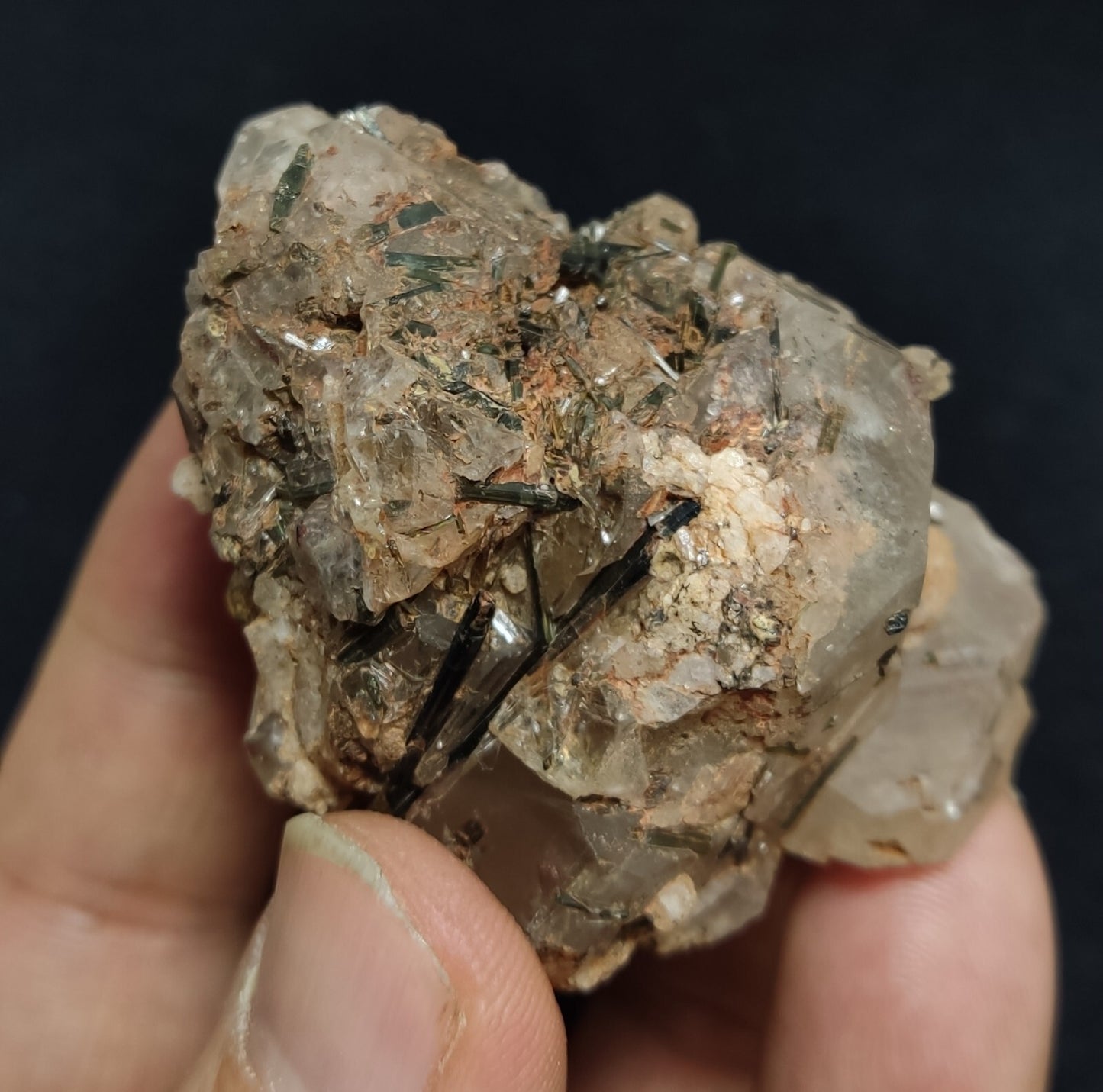 An Aesthetic terminated Quartz floater with aegirine inclusions 98 grams