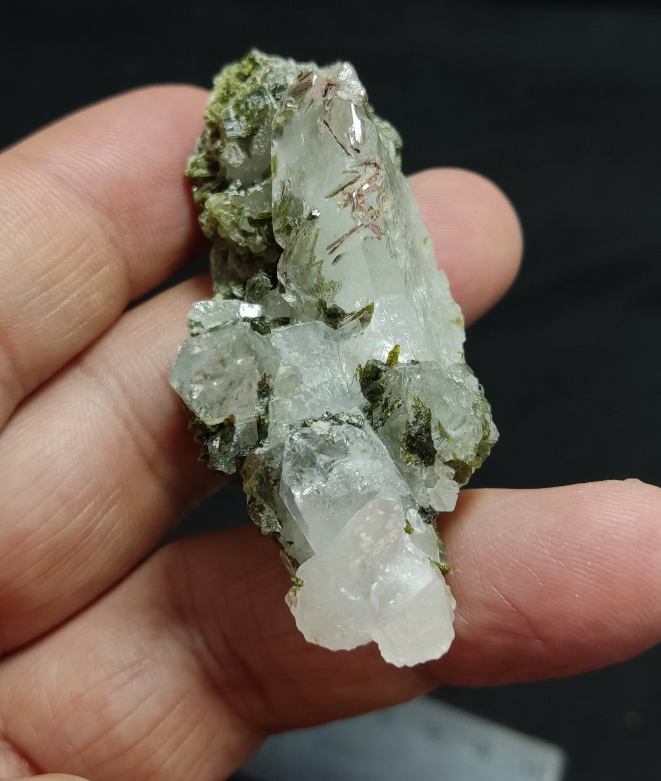 An aesthetic specimen of Epidote quartz cluster 36 grams
