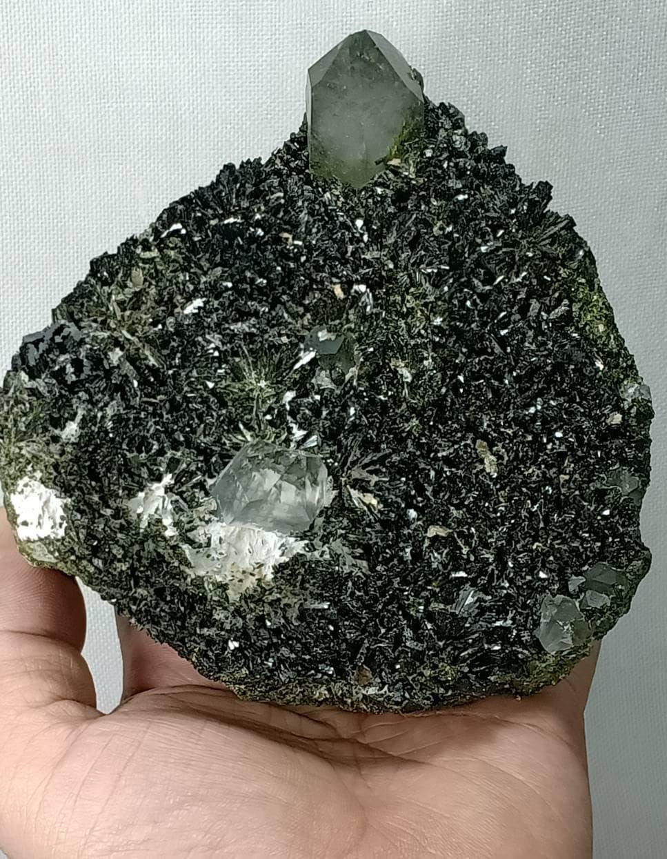 Epidote self standing cluster with perfectly terminated quartz crystals 970 grams