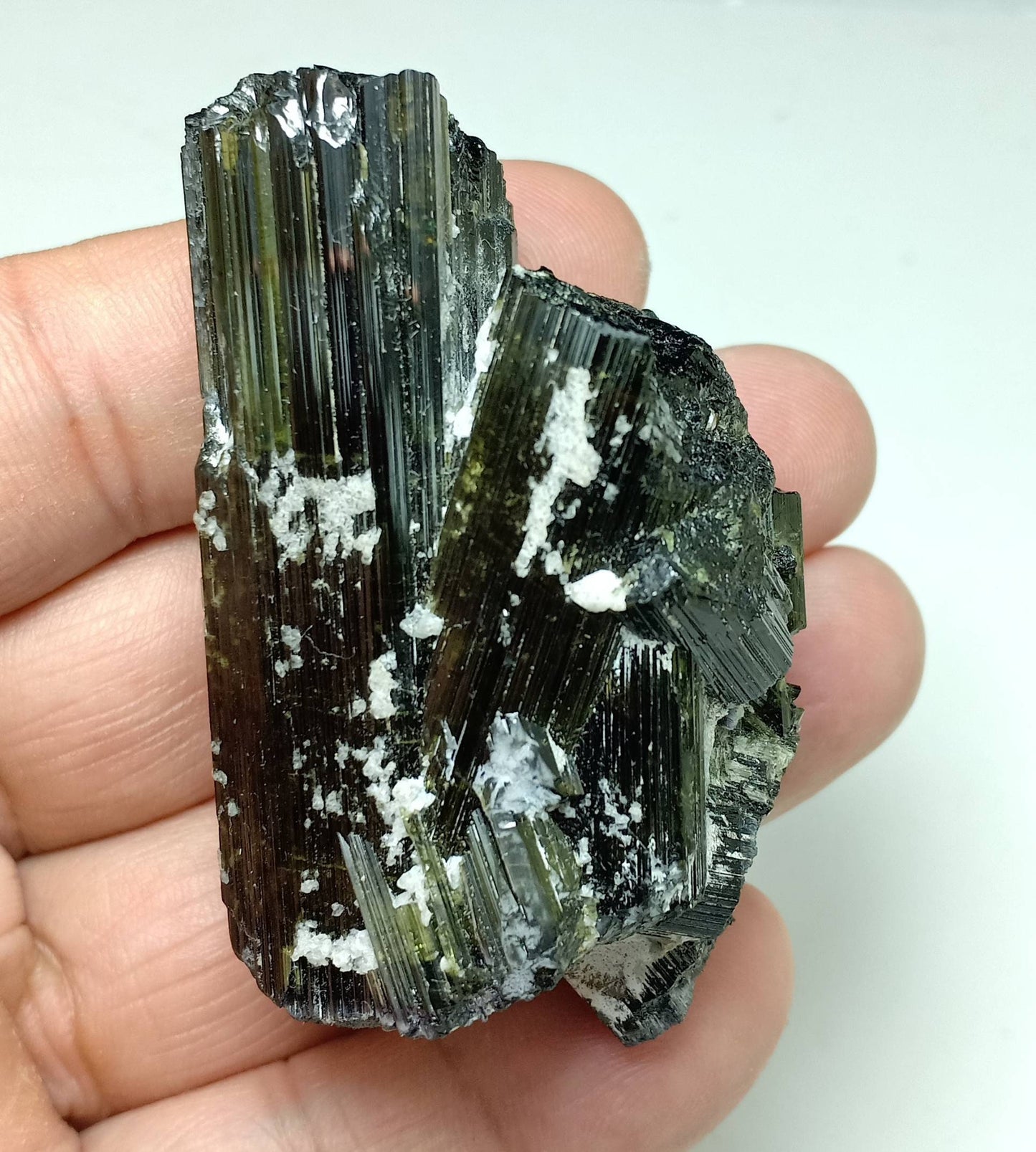 Dark green color Tourmaline crystals cluster with chatoyance effect 109 grams