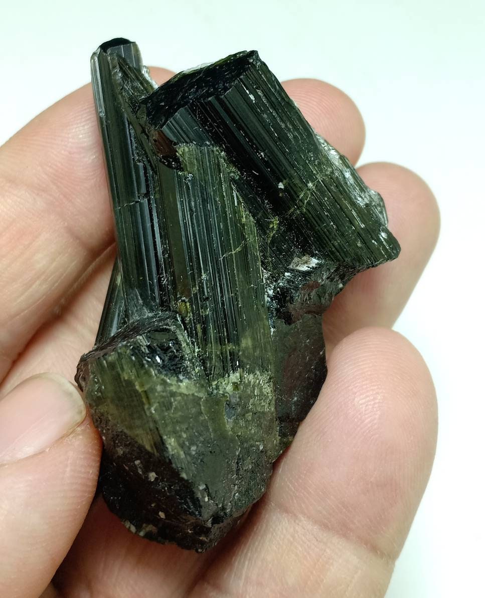 Dark green Tourmaline crystals cluster with chatoyance effect from Afghanistan 72 grams