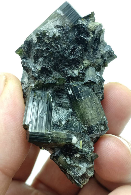 Single beautiful aesthetic Green Tourmaline crystals cluster from Afghanistan 63 grams cats eyes Chatoyant