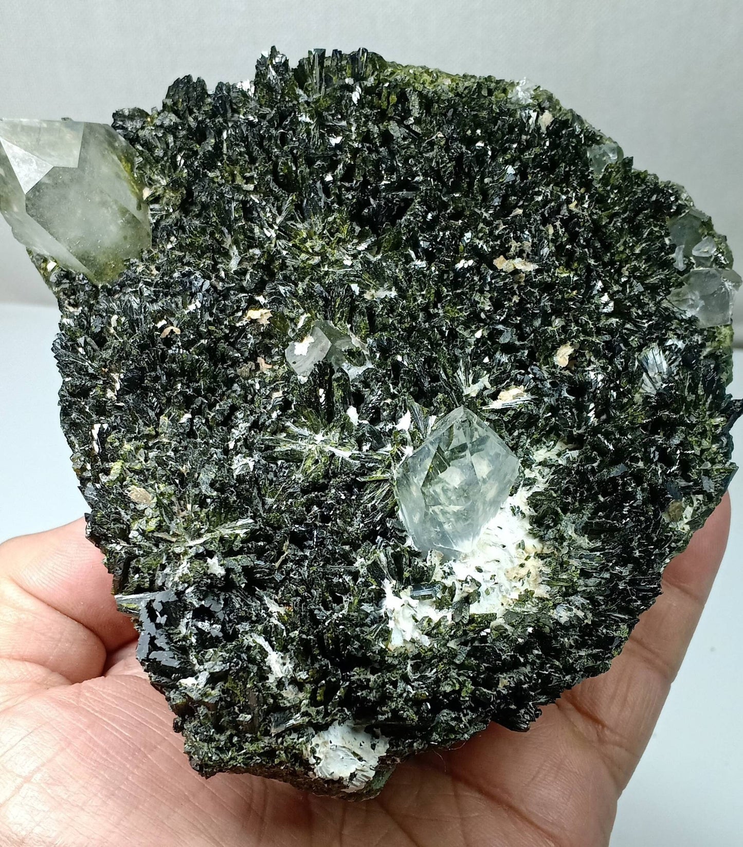 Epidote self standing cluster with perfectly terminated quartz crystals 970 grams