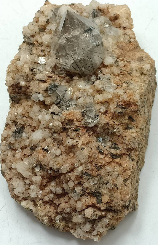 An amazing specimen of aegirine included quartz Crystals on Granite matrix with associated rutile, and albite 288 grams