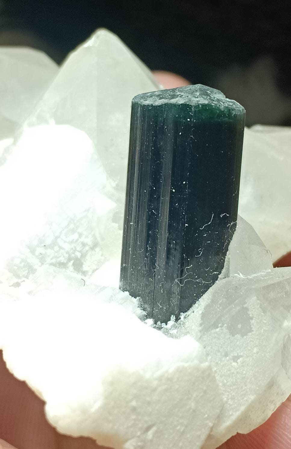 Single beautiful blue cap Tourmaline crystal specimen with Albite and terminated Quartz Crystals cluster 70 grams
