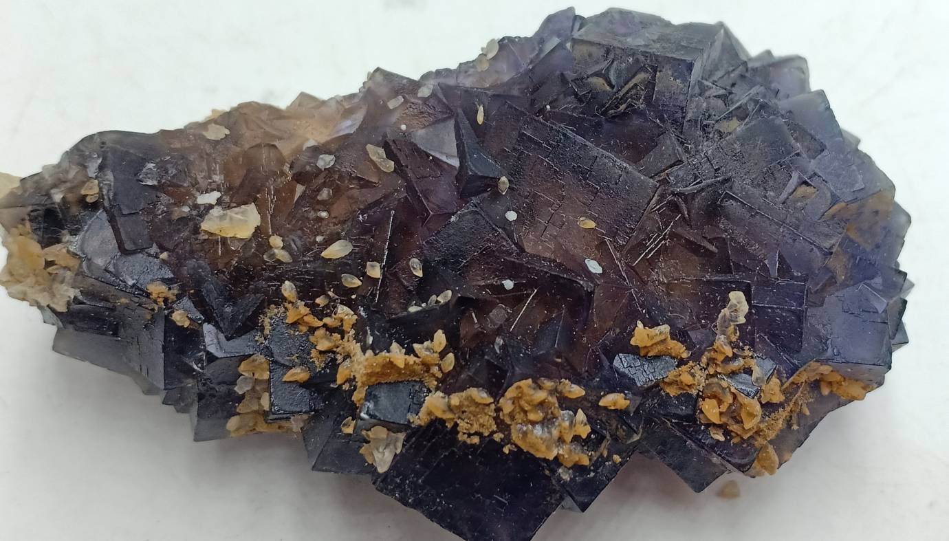 Single natural purple Fluorite with Calcite on top 152 grams