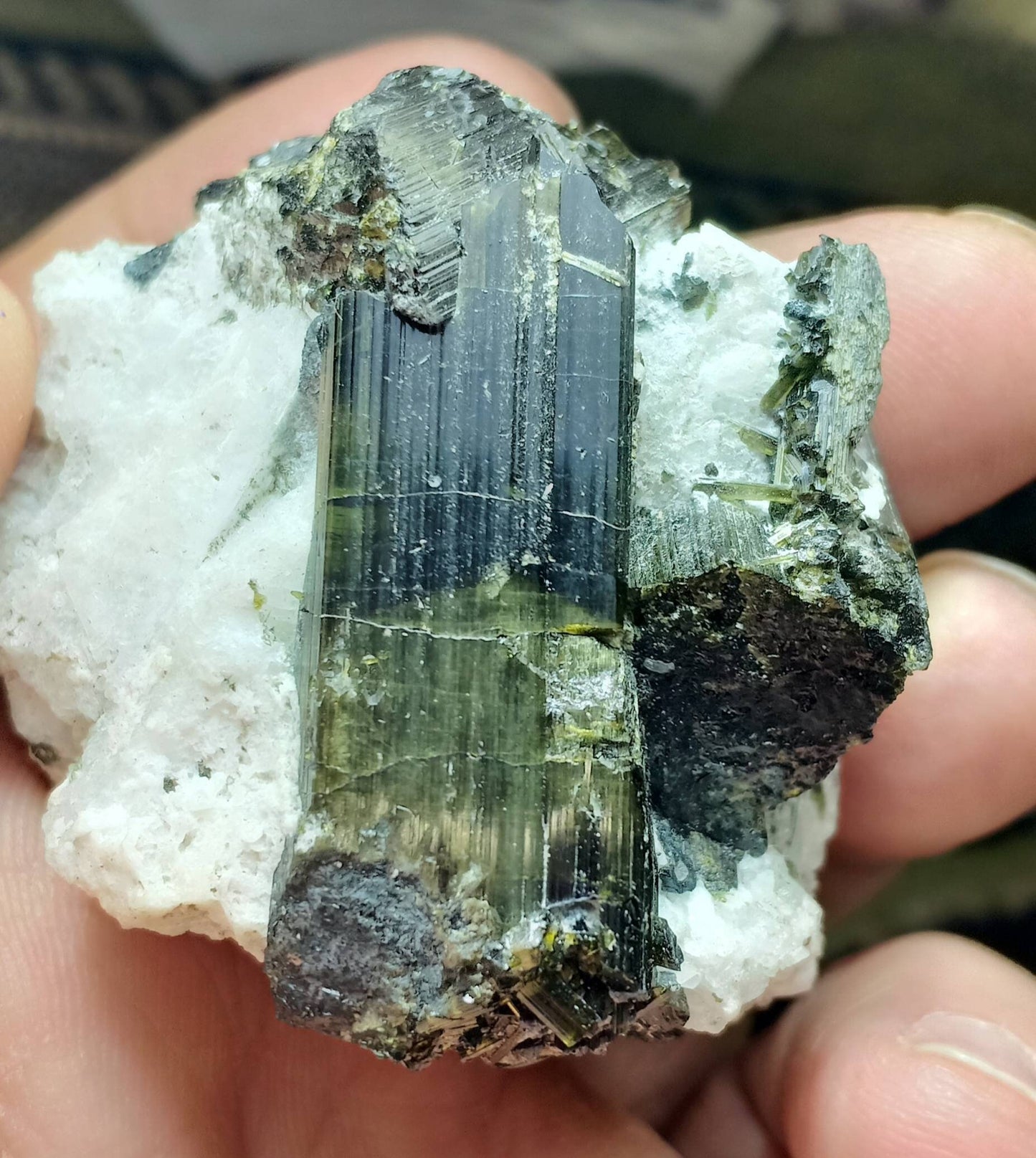 Single amazing Green Tourmaline crystals cluster with Albite from Afghanistan having cats eyes effects 100 grams