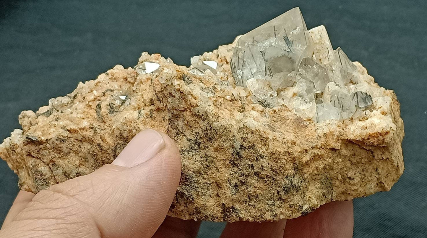 An amazing specimen of aegirine included quartz Crystals on Granite matrix with associated rutile, and albite 288 grams