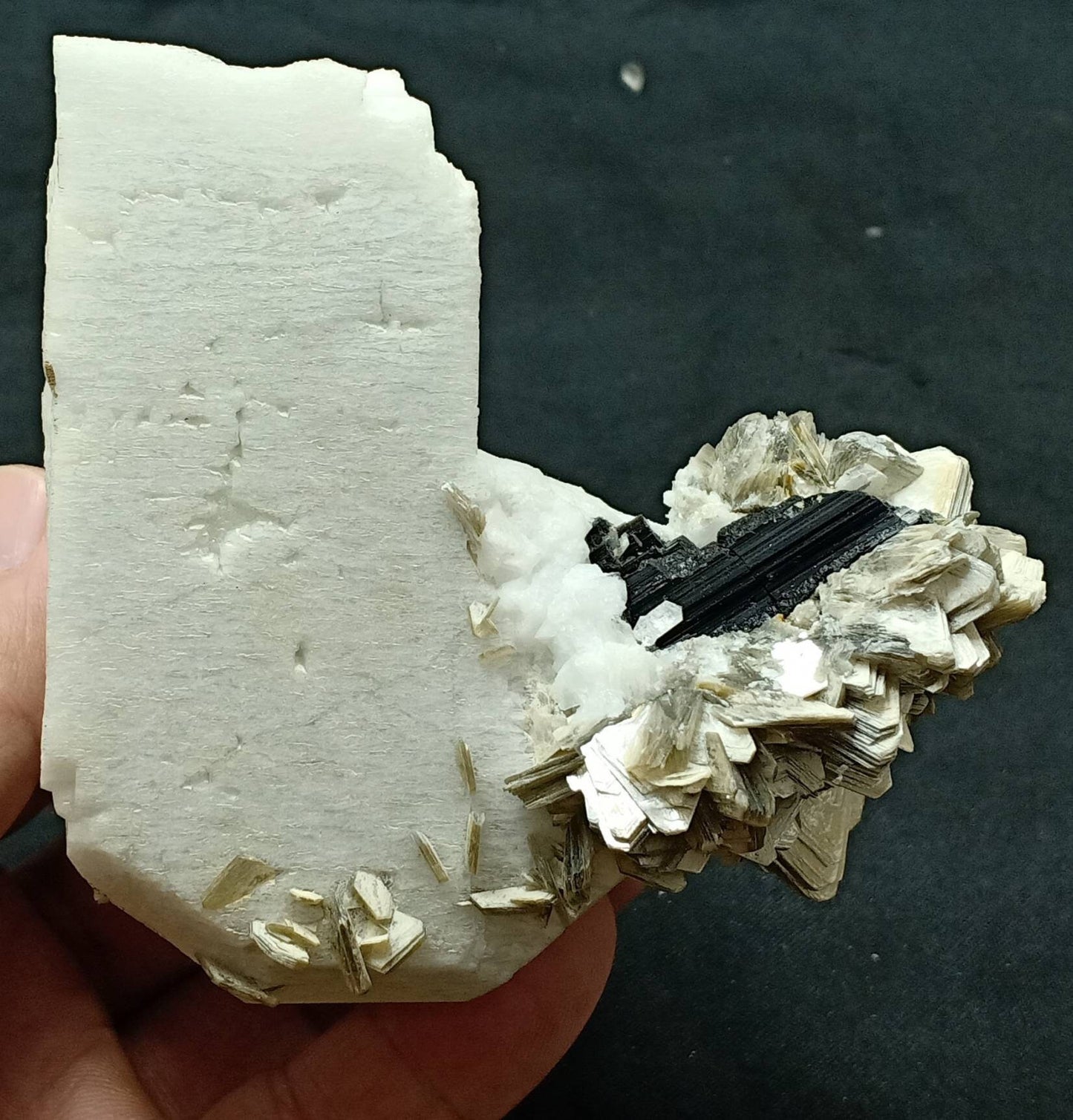 An Aesthetic Natural specimen of combination of Albite, etched Schorl, and Muscovite 498 grams