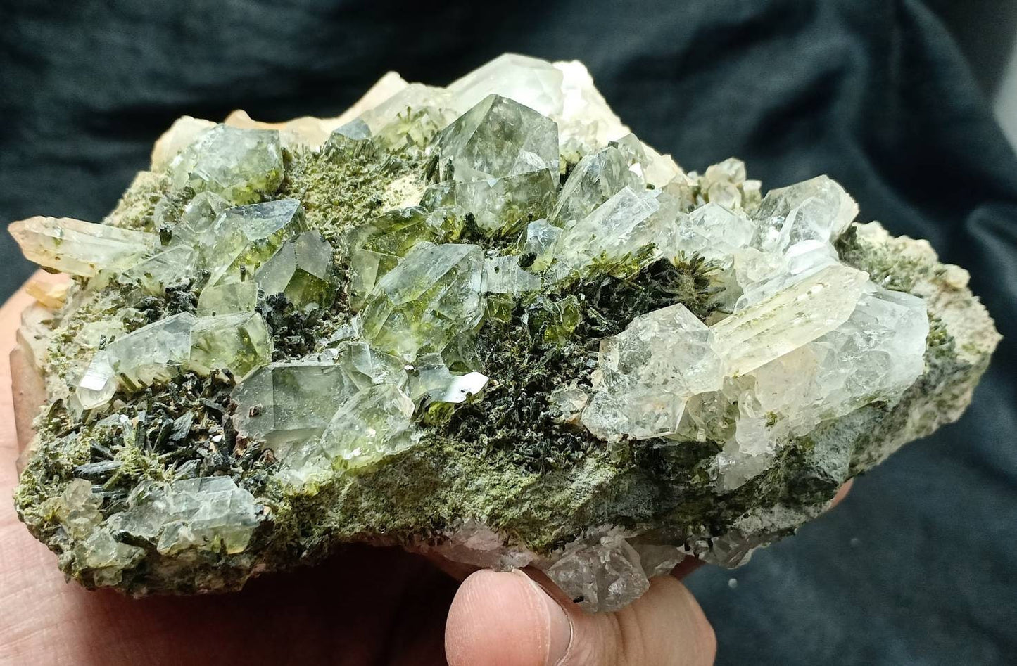 Quartz and Epidote cluster with beautiful terminations 800 grams