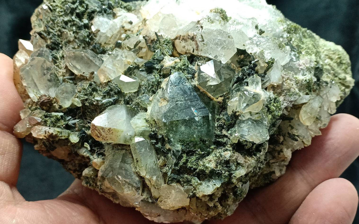 Quartz and Epidote cluster with beautiful terminations 800 grams
