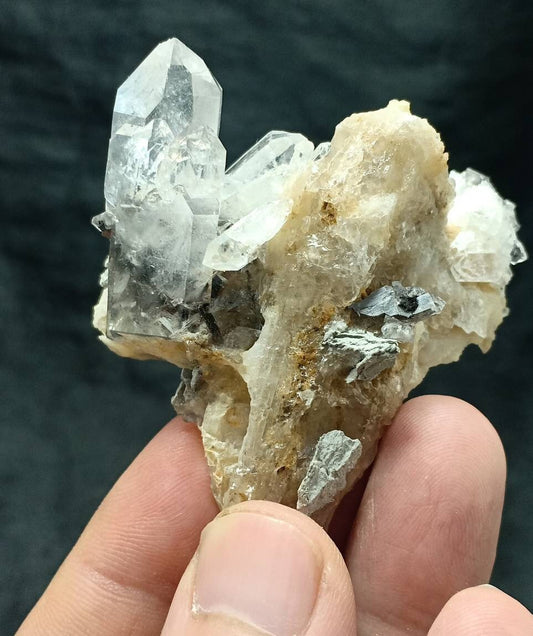 Single beautiful brookite included Quartz Crystals cluster on matrix of calcite 61 grams