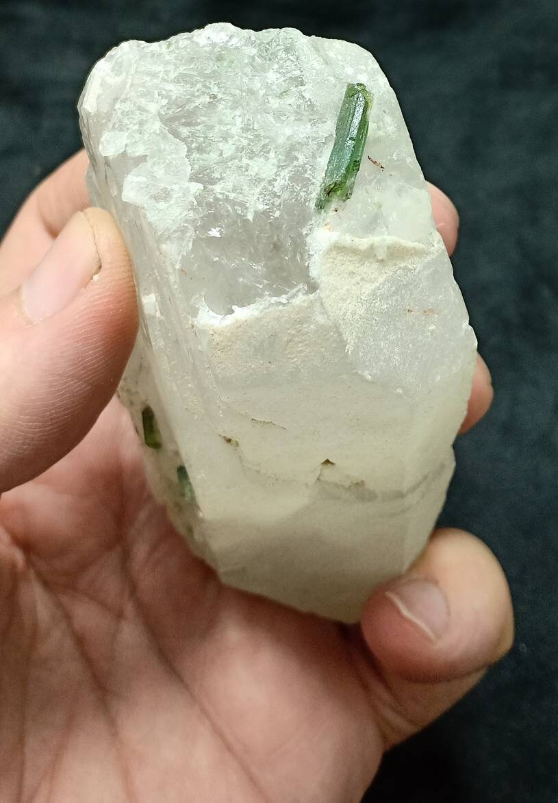 An amazing beautiful specimen of green Tourmalines crystals with associated Quartz 265 grams