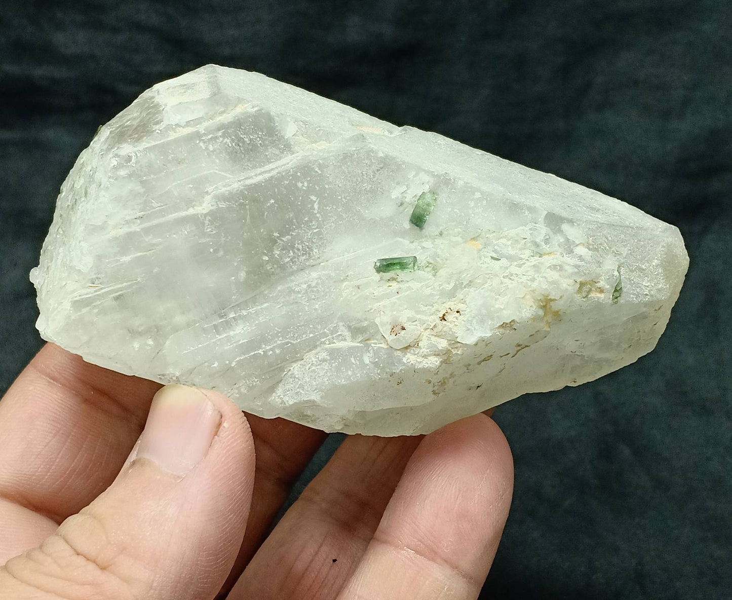 An amazing beautiful specimen of green Tourmalines crystals with associated Quartz 265 grams