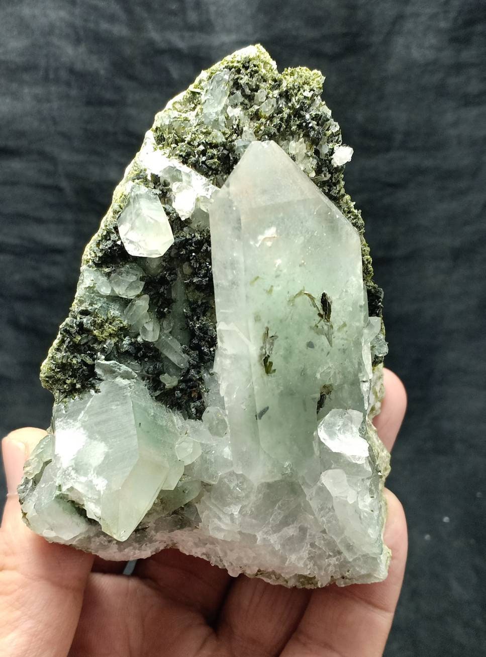 An amazing quartz and Epidote cluster with beautiful terminations 448 grams