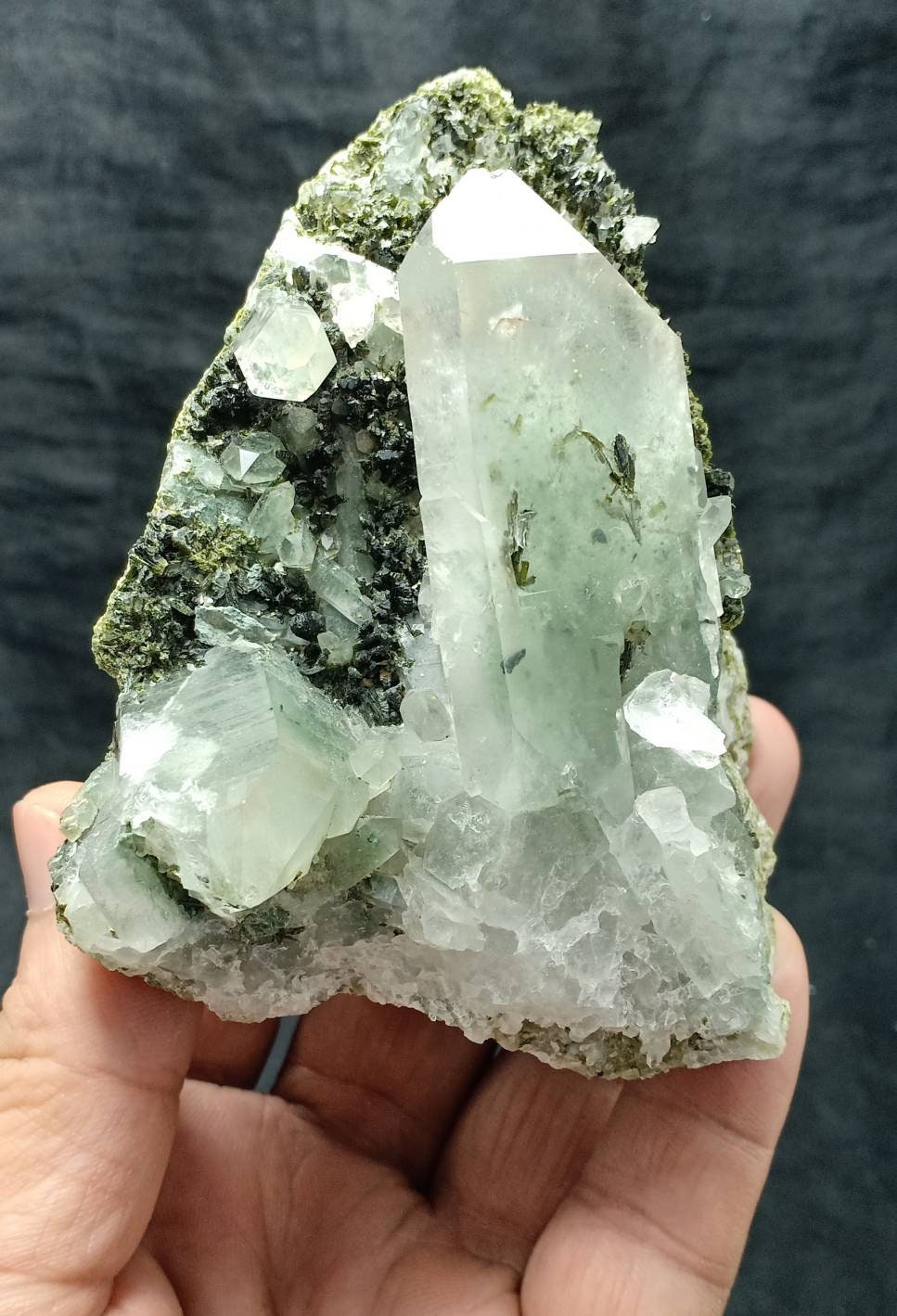 An amazing quartz and Epidote cluster with beautiful terminations 448 grams