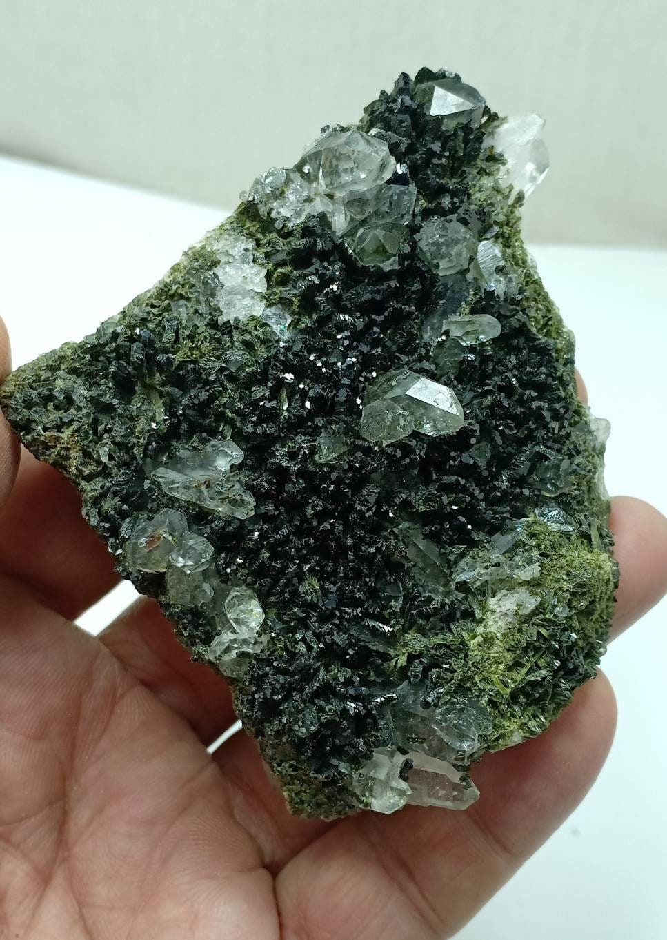 An amazing double sided quartz and Epidote crystals cluster with beautiful terminations 194 grams