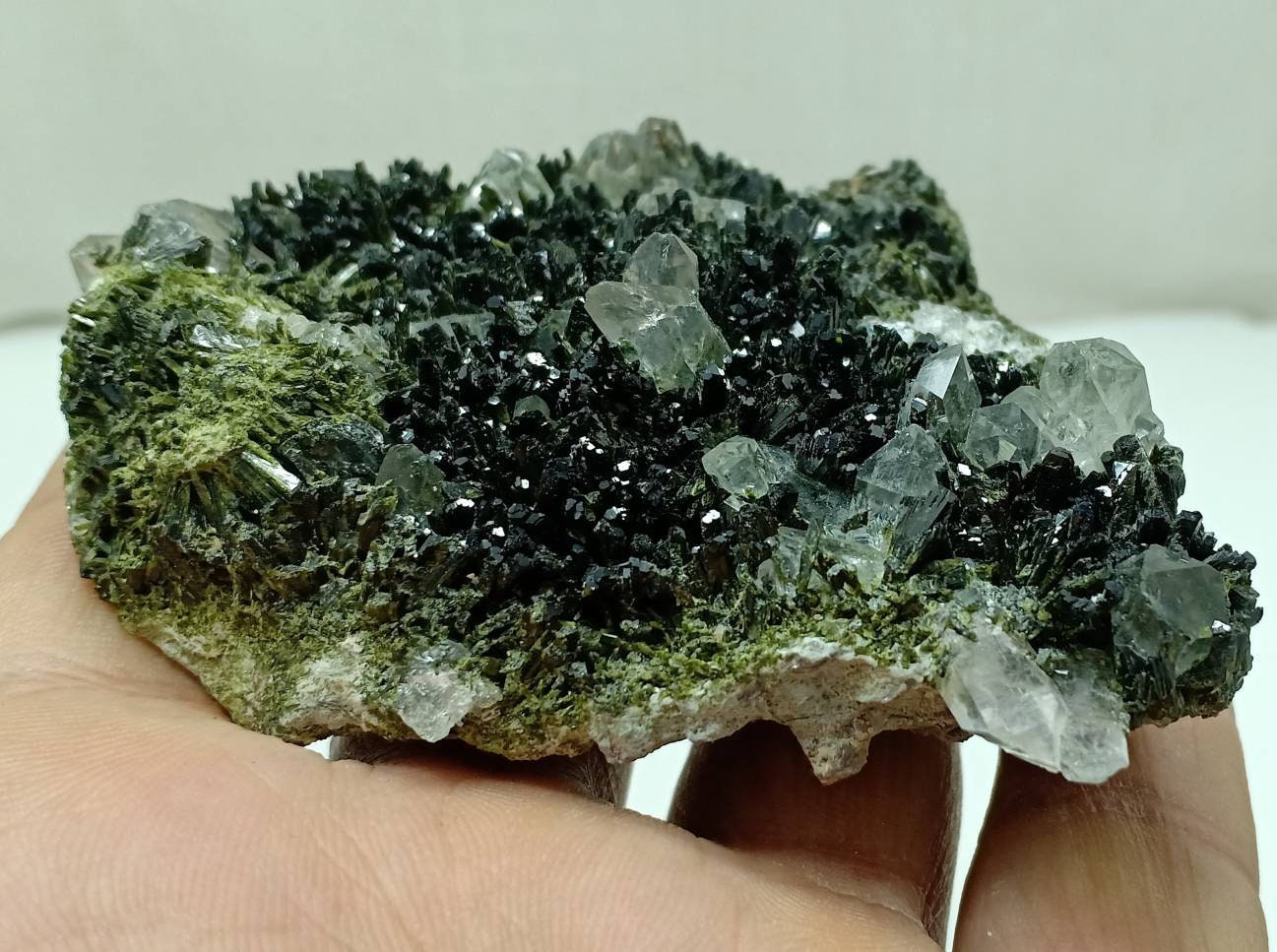 An amazing double sided quartz and Epidote crystals cluster with beautiful terminations 194 grams